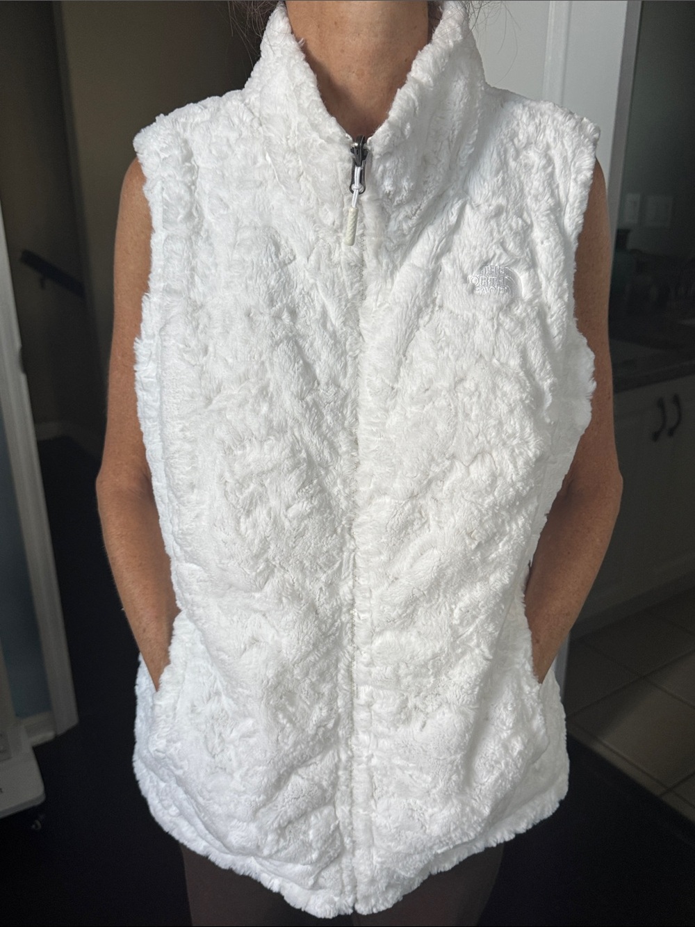 The North Face Women's White Plush Fleece Vest with Stand Collar